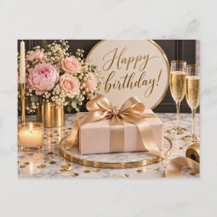 Postal Cartão de Aniversário Floral Rosa Elegante Dourado