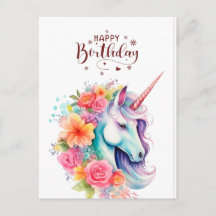 Cartão de Aniversário Floral Unicórnio Aquarela