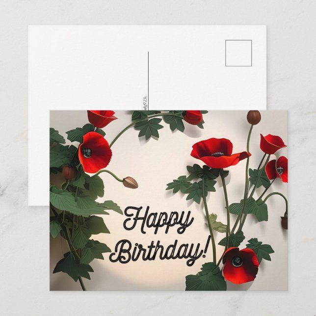 Postal Cartão de Aniversário, flores Papoulas,  (Frente/Verso)
