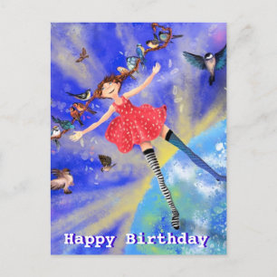 Postal Cartão de Aniversário - Garota Feliz com Pássaros