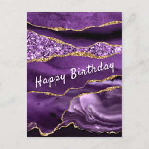 Postal Cartão de Aniversário Glitter Dourado Roxo - Nome 