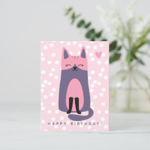 Postal Cartão de Aniversário Infantil de Gato Roxo e Rosa