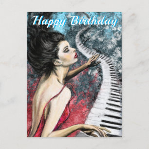 Postal Cartão de Aniversário Música de Piano Mulher de Ve