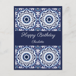 Postal Cartão de Aniversário personalizável azul Azulejos