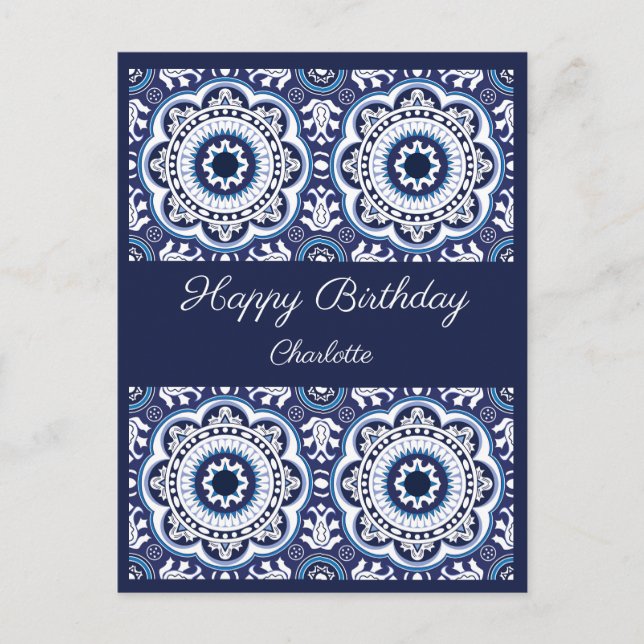 Postal Cartão de Aniversário personalizável azul Azulejos (Frente)