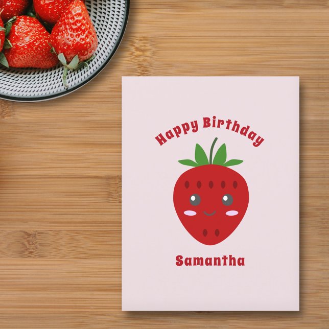 Postal Cartão de Aniversário Rosa Morango Fofo (Cute Strawberry Happy Birthday Pink Postcard)