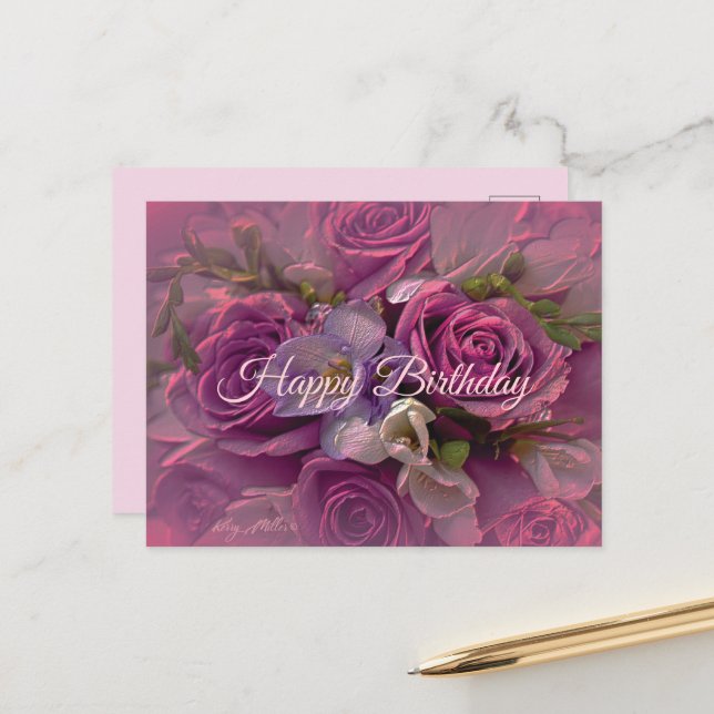 Postal Cartão de Aniversário Rosa Roxa (Frente/Verso In Situ)