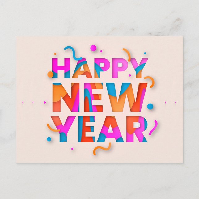 Postal Cartão de Ano Novo Feliz (A digital art piece features the words "HAPPY NEW YEAR" cut out from a light peach background.)