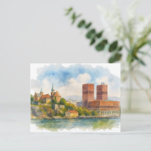 Postal Cartão de Arte Aquarela de Oslo, Noruega, Paisagem