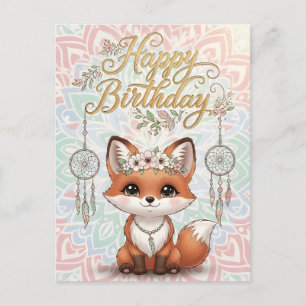 Postal Cartão de Boas Festas de Aniversário Cute Boho Fox
