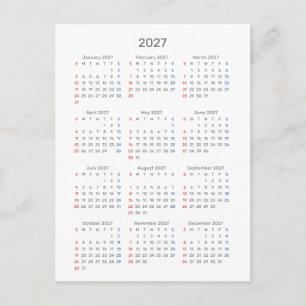 Postal Cartão de Calendário 2027: Início no Domingo, Pret