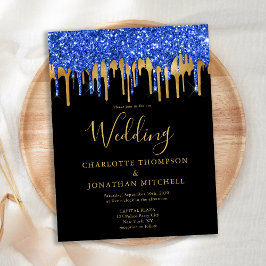 Postal Cartão de Casamento de Glitter Dourado Azul-Preto