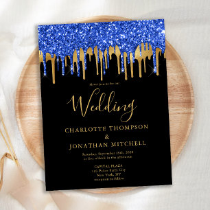 Postal Cartão de Casamento de Glitter Dourado Azul-Preto 