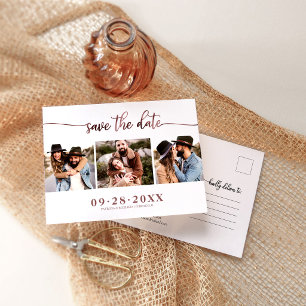 Postal Cartão de data de casamento com colagem de 3 fotos