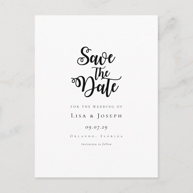 Postal Cartão de Data de Salvamento em Script Minimalista (Frente)