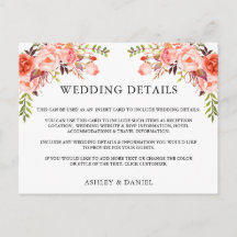 Cartão de Detalhes de Casamento Floral de Coral de