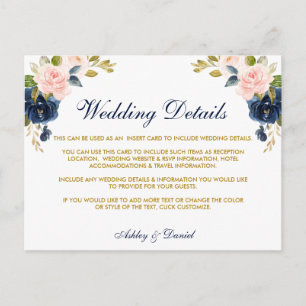 Postal Cartão de Detalhes de Casamento Floral Rosa Dourad