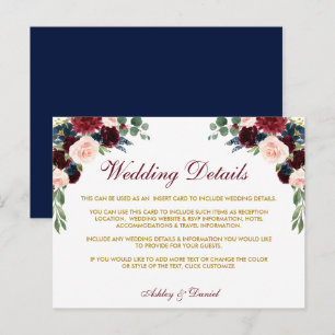 Postal Cartão de Detalhes do Casamento Floral Azul Burgun