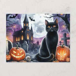 Postal Cartão de Dia das Bruxas Gato Preto Assustador