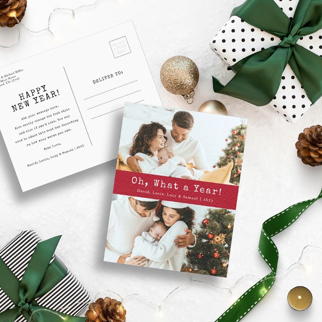Postal Cartão de Férias Vermelho Que Ano (Red and White Oh, What A Year Photo Christmas Holiday Postcard)