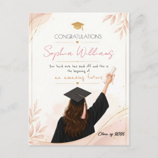 Postal Cartão de formatura floral elegante em rosa dourad
