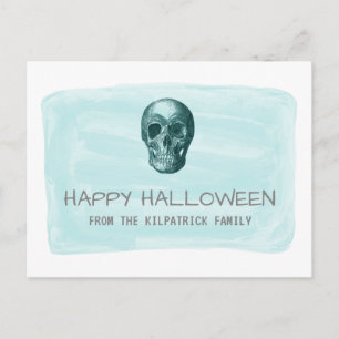 Postal Cartão de Halloween com Crânio de Aquarela Aqua