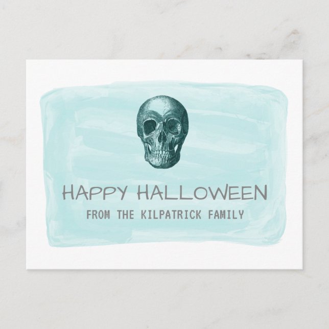 Postal Cartão de Halloween com Crânio de Aquarela Aqua (Frente)