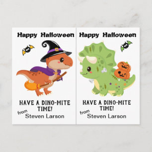 Postal Cartão de Halloween de festa escolar com dinossaur