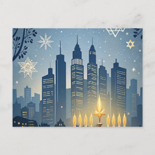 Postal Cartão de Hanukkah com Silhueta da Cidade e Menorá
