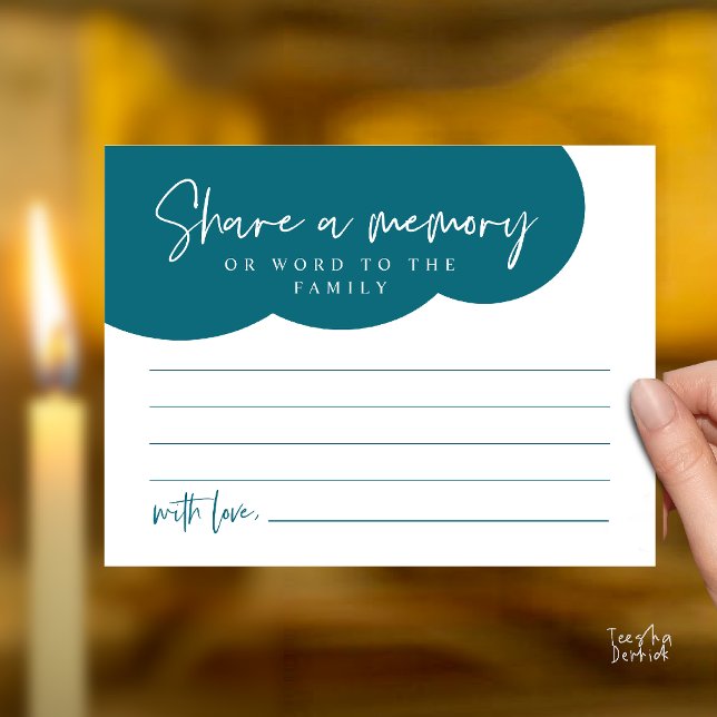 Postal Cartão de Memória de Serviço Funerário, Compartilh (Funeral Service, Share a memory Memorial, word to family Card in teal blue green)