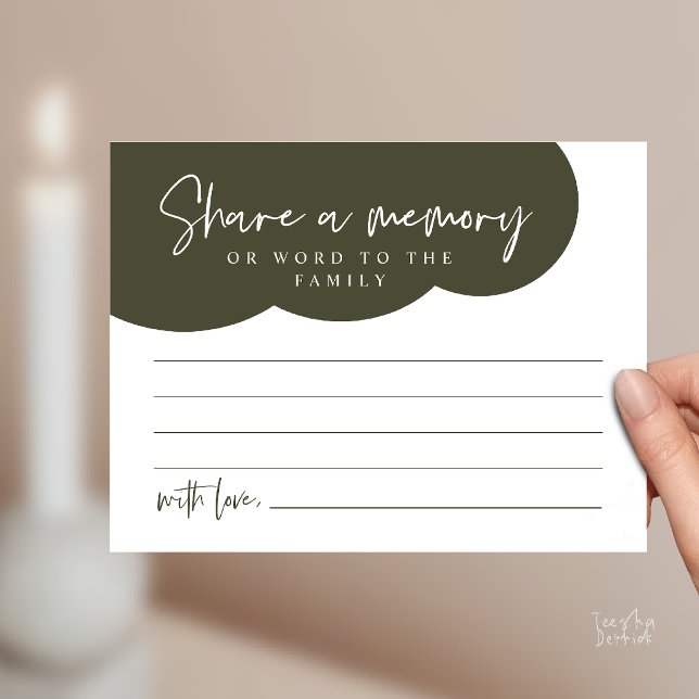 Postal Cartão de Memória de Serviço Funerário, Compartilh (Funeral Service, Share a memory Memorial, word to family Card in olive green)