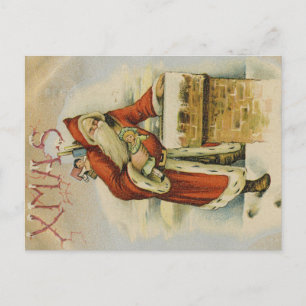 Postal Cartão de Natal antigo, Papai Noel, Chaminé