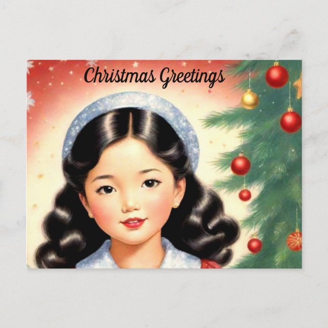 Postal Cartão de Natal com Visual Retrô e Menina (Frente)
