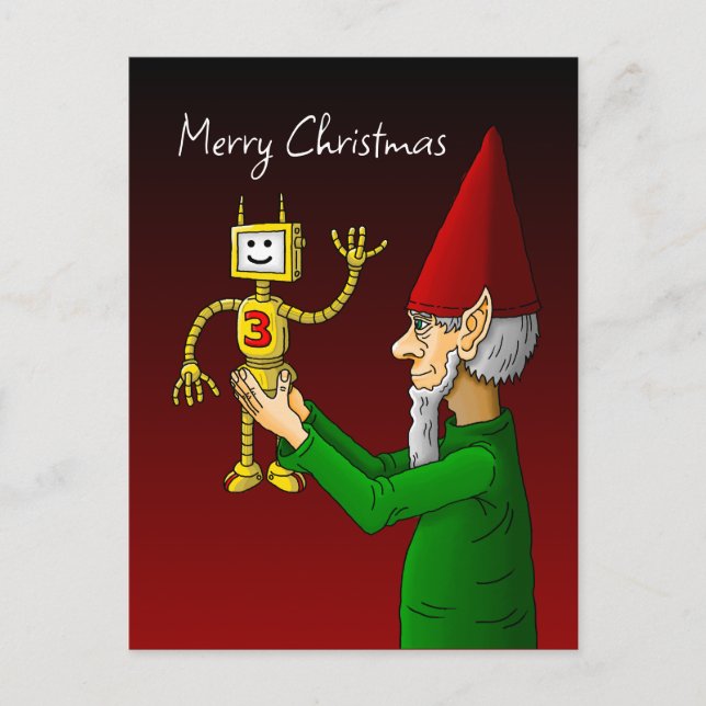 Postal Cartão de Natal de Elfo e Robô (Frente)