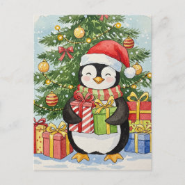 Postal Cartão de Natal de Pinguim com Aquarela