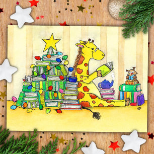 Postal Cartão de Natal Girafa de Desenho Animado Retrô