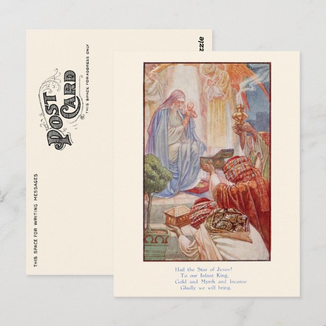 Postal Cartão de Natal Religioso Vintage - Sábios (Frente/Verso)