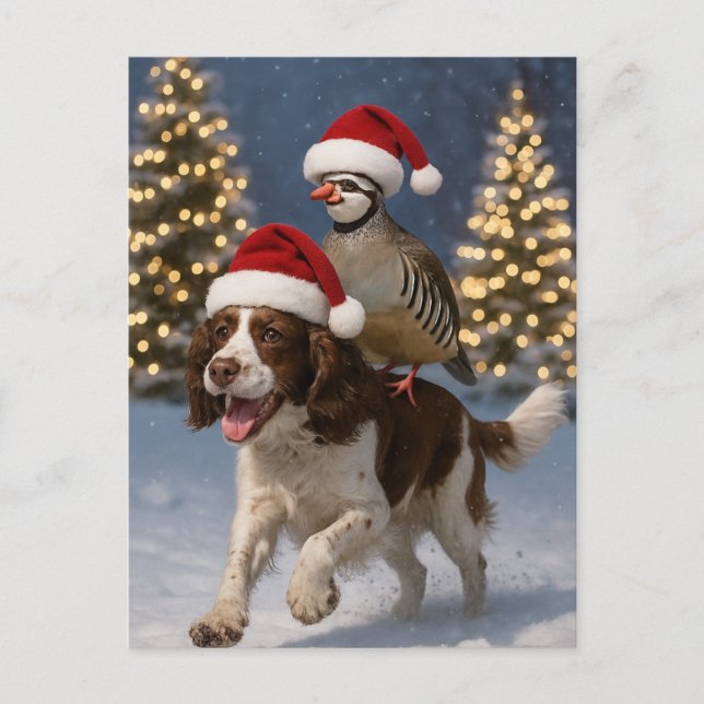 Postal Cartão de Natal Springer Spaniel e Perdiz (Frente)