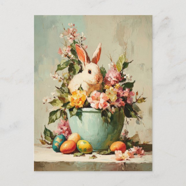 Postal Cartão de Páscoa com Flores e Coelho da Páscoa (Frente)