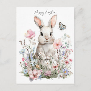 Postal Cartão de Páscoa com Flores e Coelho da Páscoa
