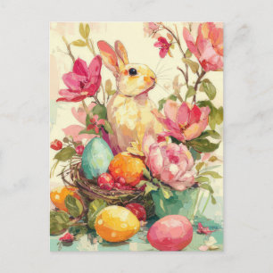 Postal Cartão de Páscoa com Flores e Coelho da Páscoa