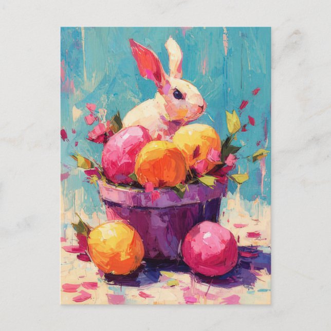 Postal Cartão de Páscoa com Flores e Coelho da Páscoa (Frente)