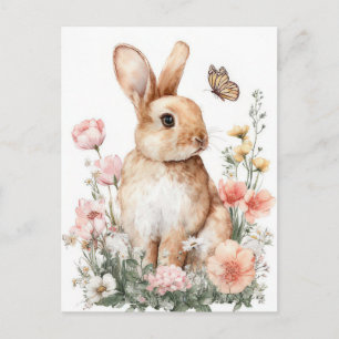 Postal Cartão de Páscoa com Flores e Coelho da Páscoa