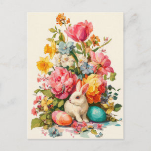 Postal Cartão de Páscoa com Flores e Coelho da Páscoa