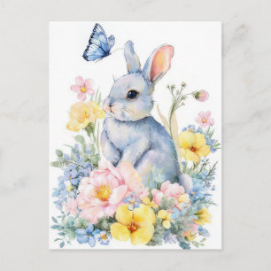 Postal Cartão de Páscoa com Flores e Coelho da Páscoa