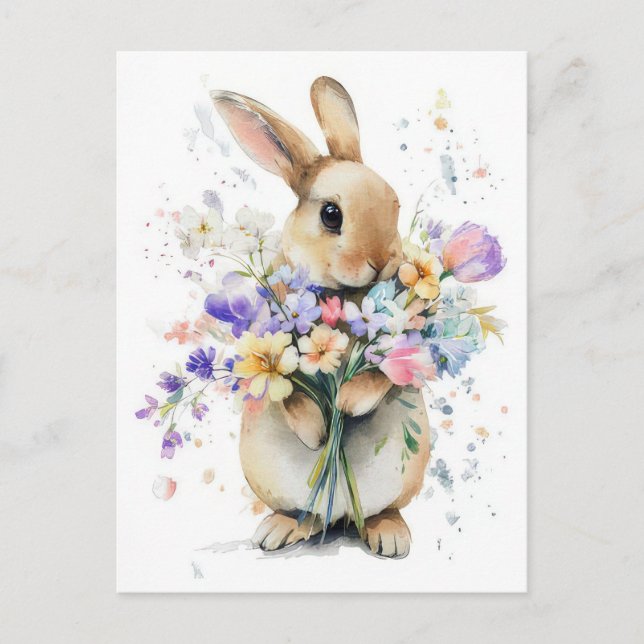 Postal Cartão de Páscoa com Flores e Coelho da Páscoa (Frente)