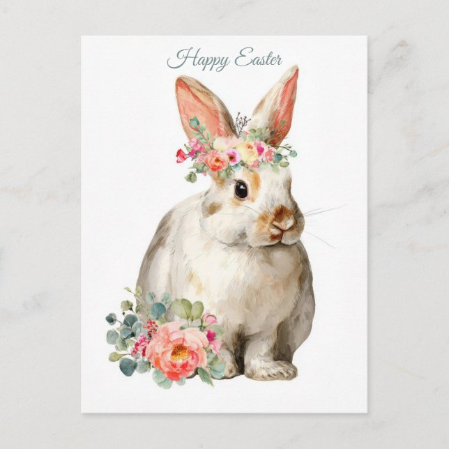 Postal Cartão de Páscoa com Flores e Coelho da Páscoa (Frente)