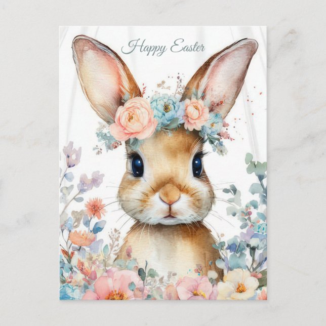 Postal Cartão de Páscoa com Flores e Coelho da Páscoa (Frente)