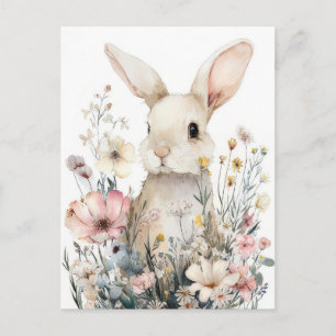 Postal Cartão de Páscoa com Flores e Coelho da Páscoa