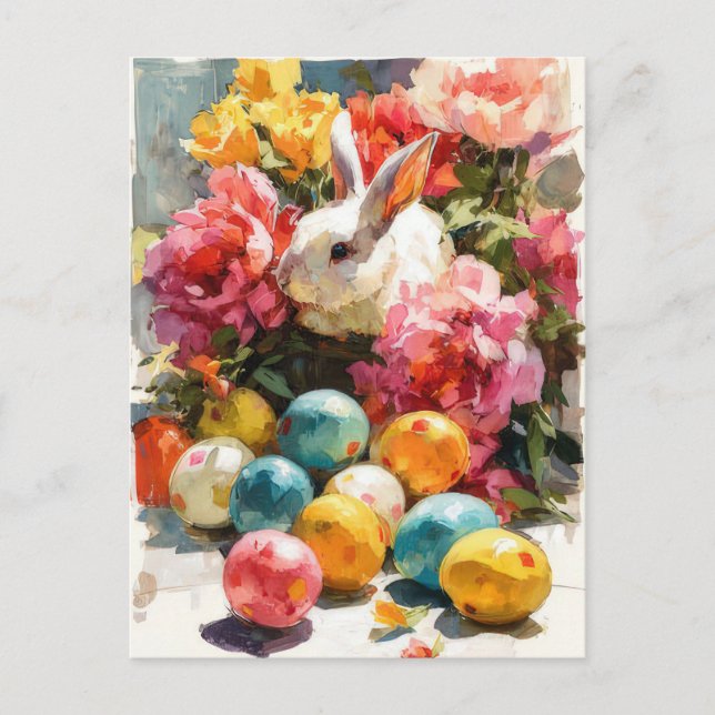 Postal Cartão de Páscoa com Flores e Coelho da Páscoa (Frente)